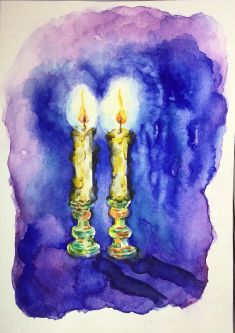 Original Jewish Watercolor Art "Shabbat Candlesticks" Hand Painted Signed By Rochel B.